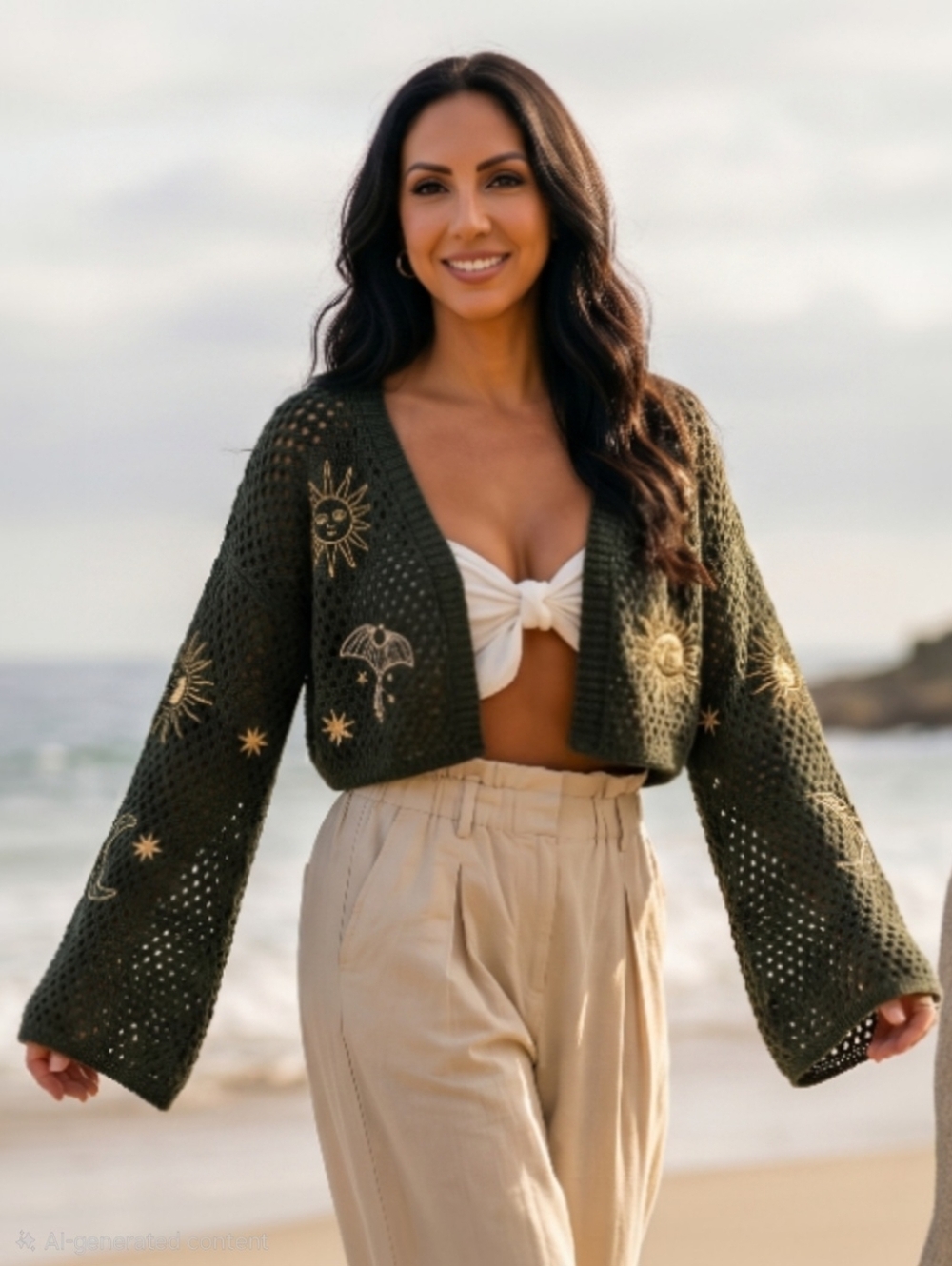 Olive Crochet Button-Front Cardigan Sweater with Sun & Moon Embroidery